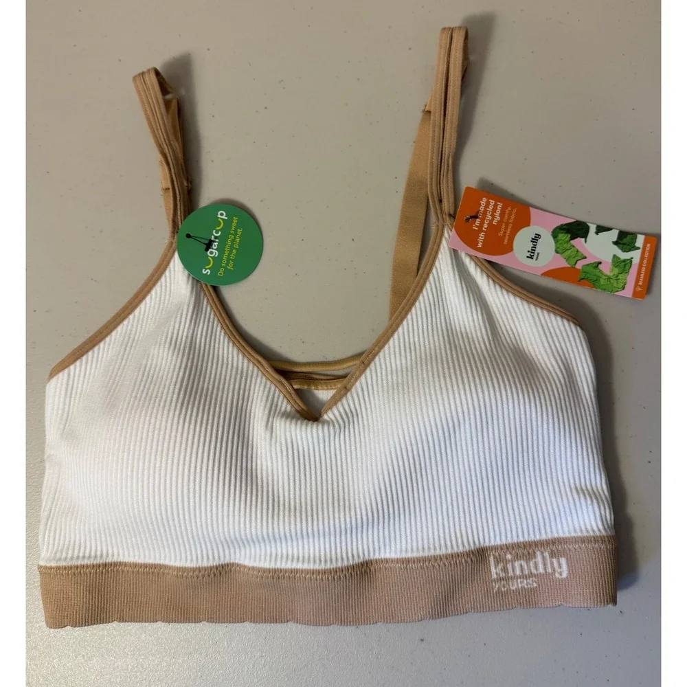 Kindly Yours‎ Bralette Women Large White Tan Seamless Ribbed V-Neck NEW